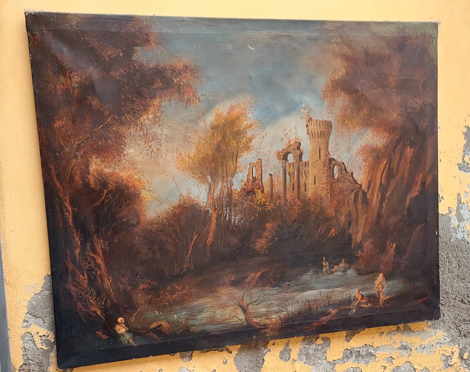 Old oil painting on canvas landscape with ruins and figures 121x98 cm