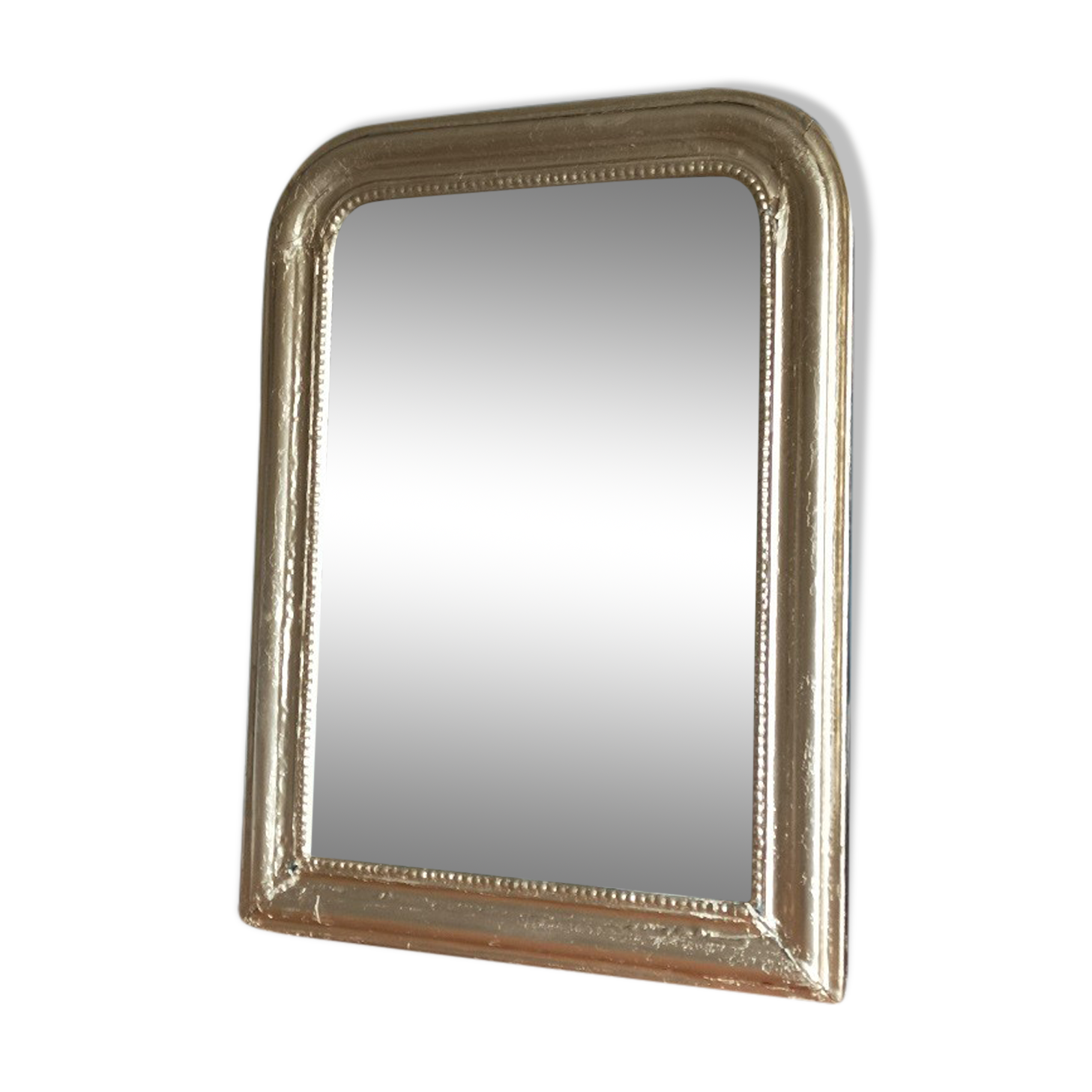 Miroir cadre bois plâtre sculpté perle dorée patiné