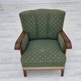 Fauteuil danois des années 1950, mobilier d'origine vert/beige en laine, bois de chêne.