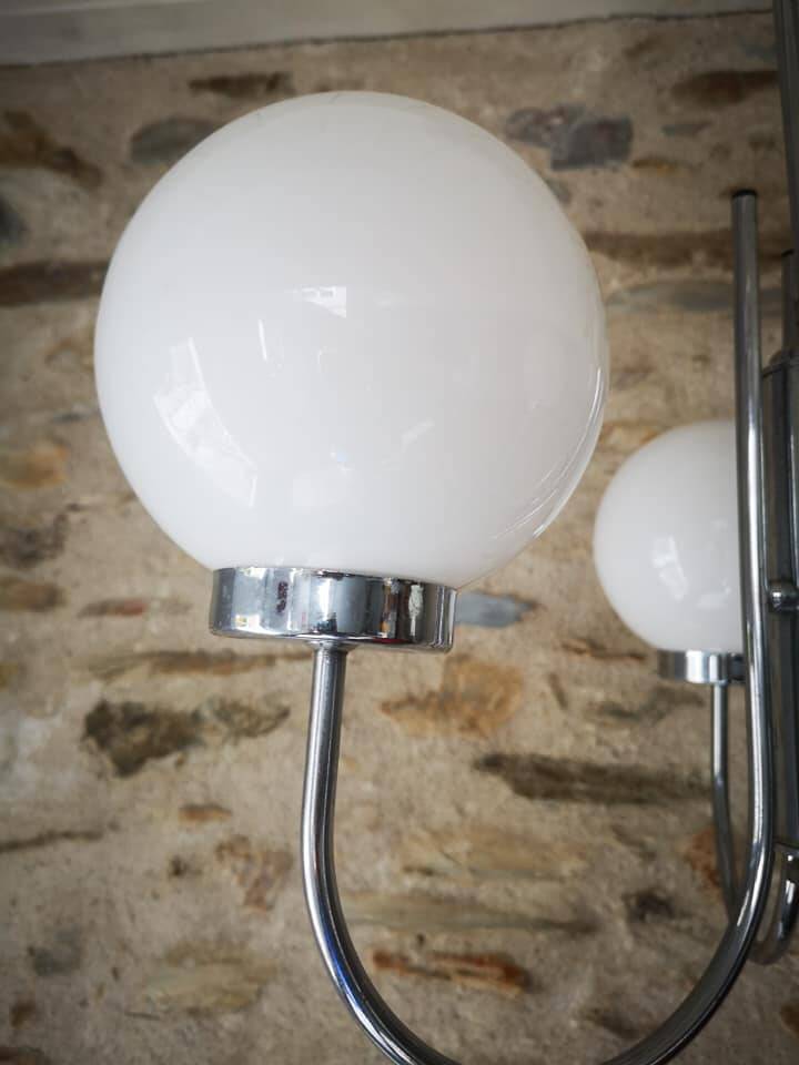 Old 3-light globe opaline stainless steel pendant/chandelier 1960/1970 space age vintage