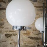 Old 3-light globe opaline stainless steel pendant/chandelier 1960/1970 space age vintage