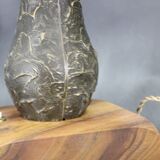 1940s restored brass table lamp with wooden base and glass shade