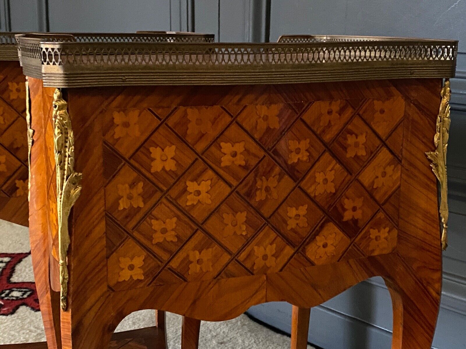 Pair of bedside tables Louis XV style marquetry with shamrocks and XXth bronze