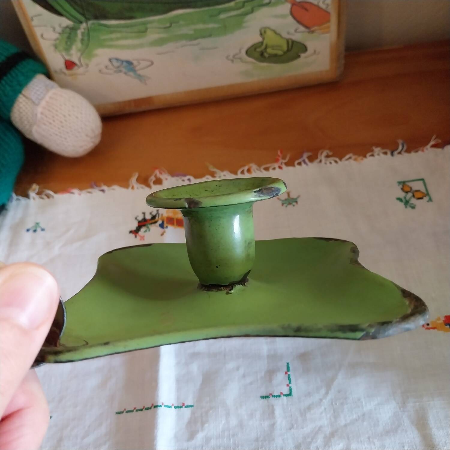 Old enamelled metal cellar rat candle holder