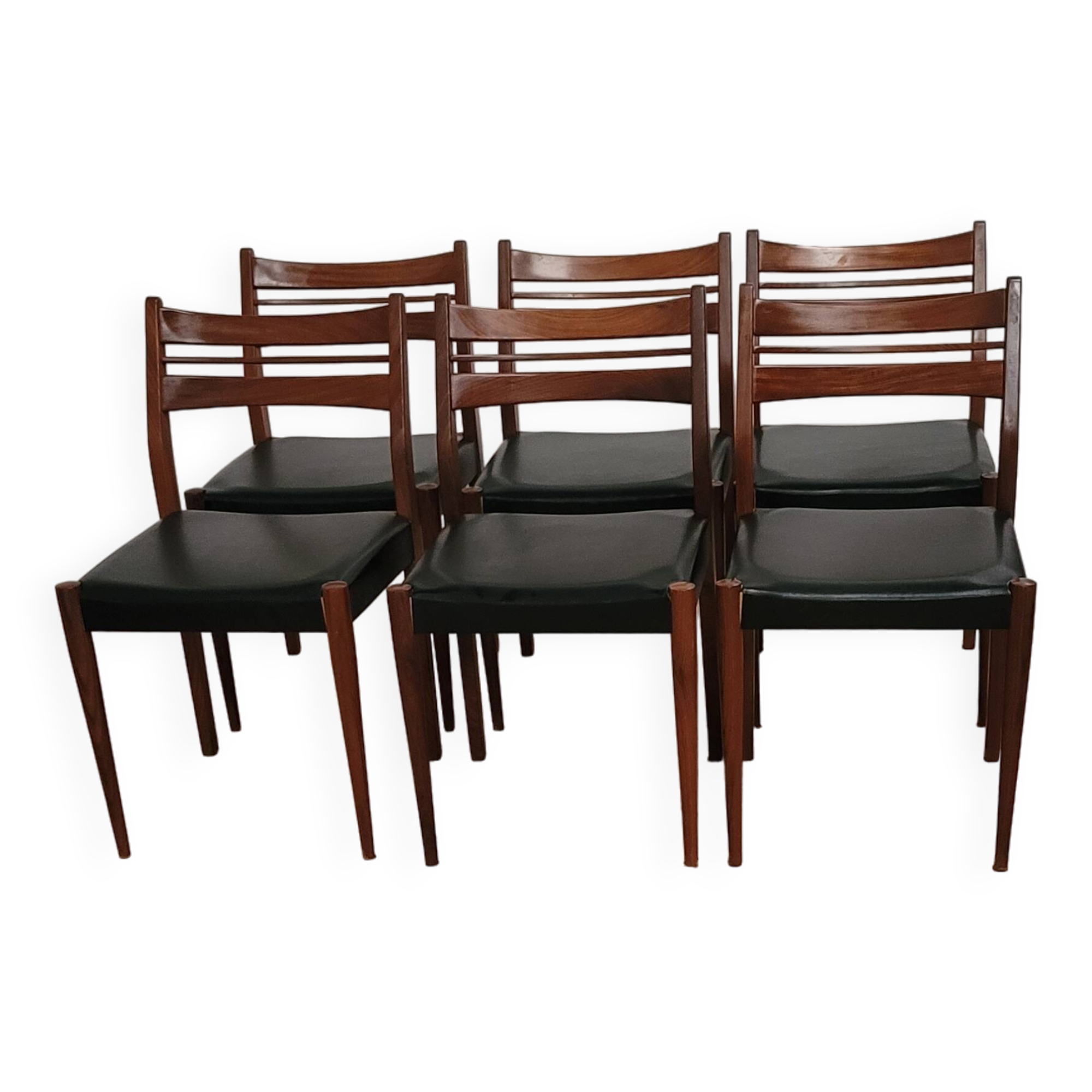 6 Vintage Scandinavian Chairs Teak and Faux Leather 1960 Denmark