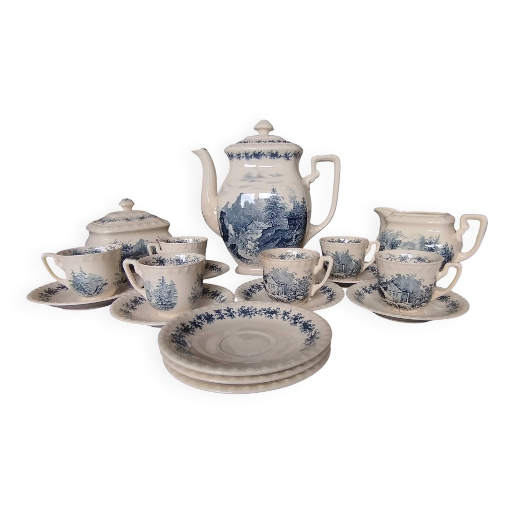 Coffee pot, milk jug, sugar bowl, 6 coffee cups and saucers.