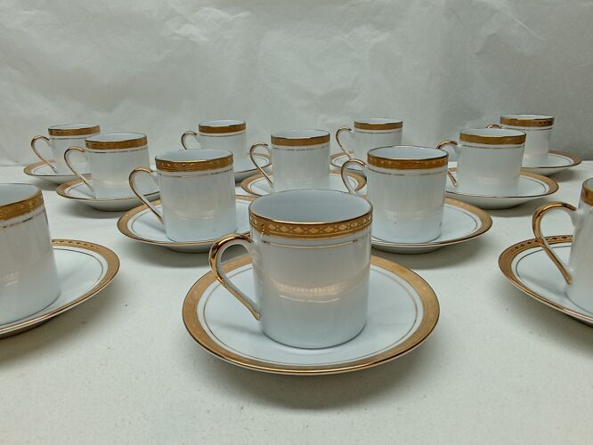 12 tasses, service café porcelaine dorures or gold 24 carat