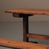 Table and pair of benches in solid pine – France, circa 1970