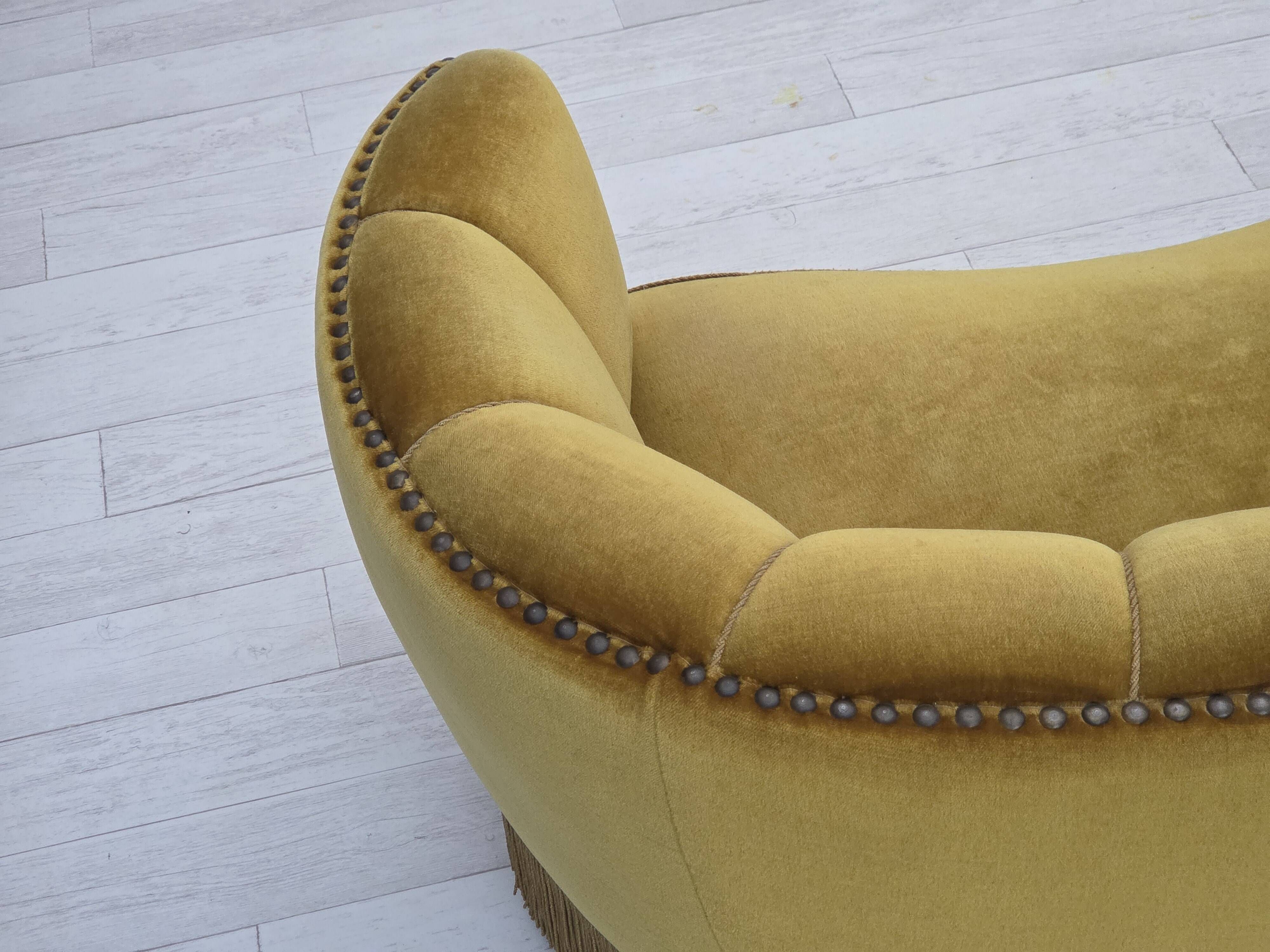1960s, Danish 2-seater "Banan" sofa, green furniture velour, oak wood.