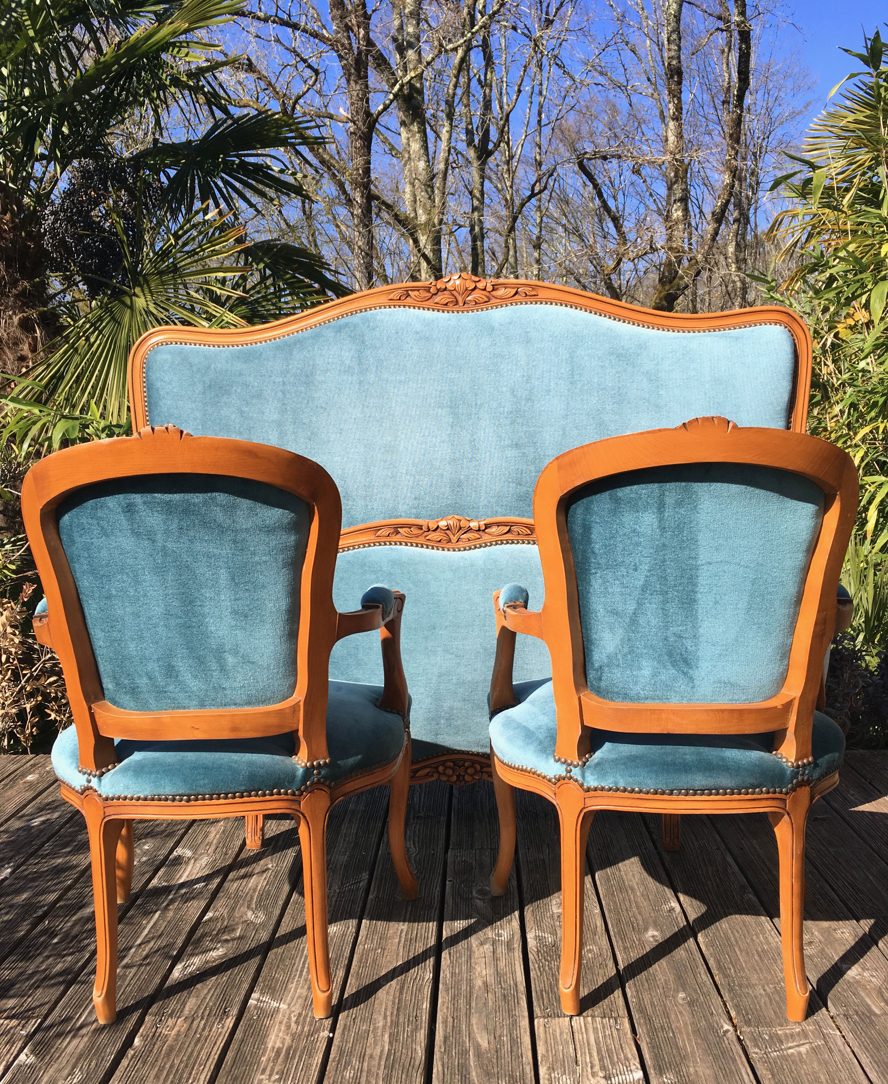 Louis XV-style basket bed and 2 convertible armchairs