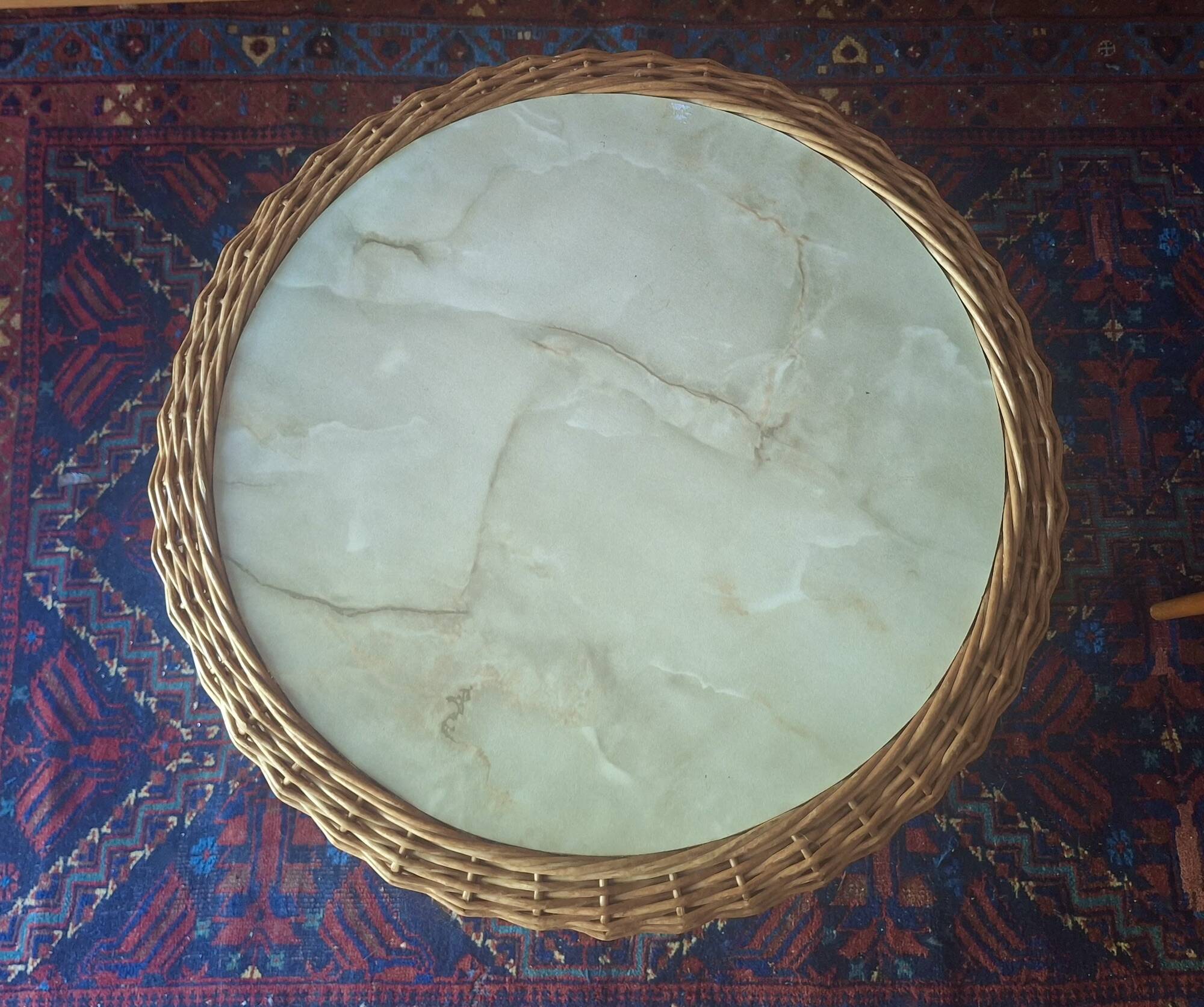 Circular bamboo and faux marble wine or coffee table, 1960s