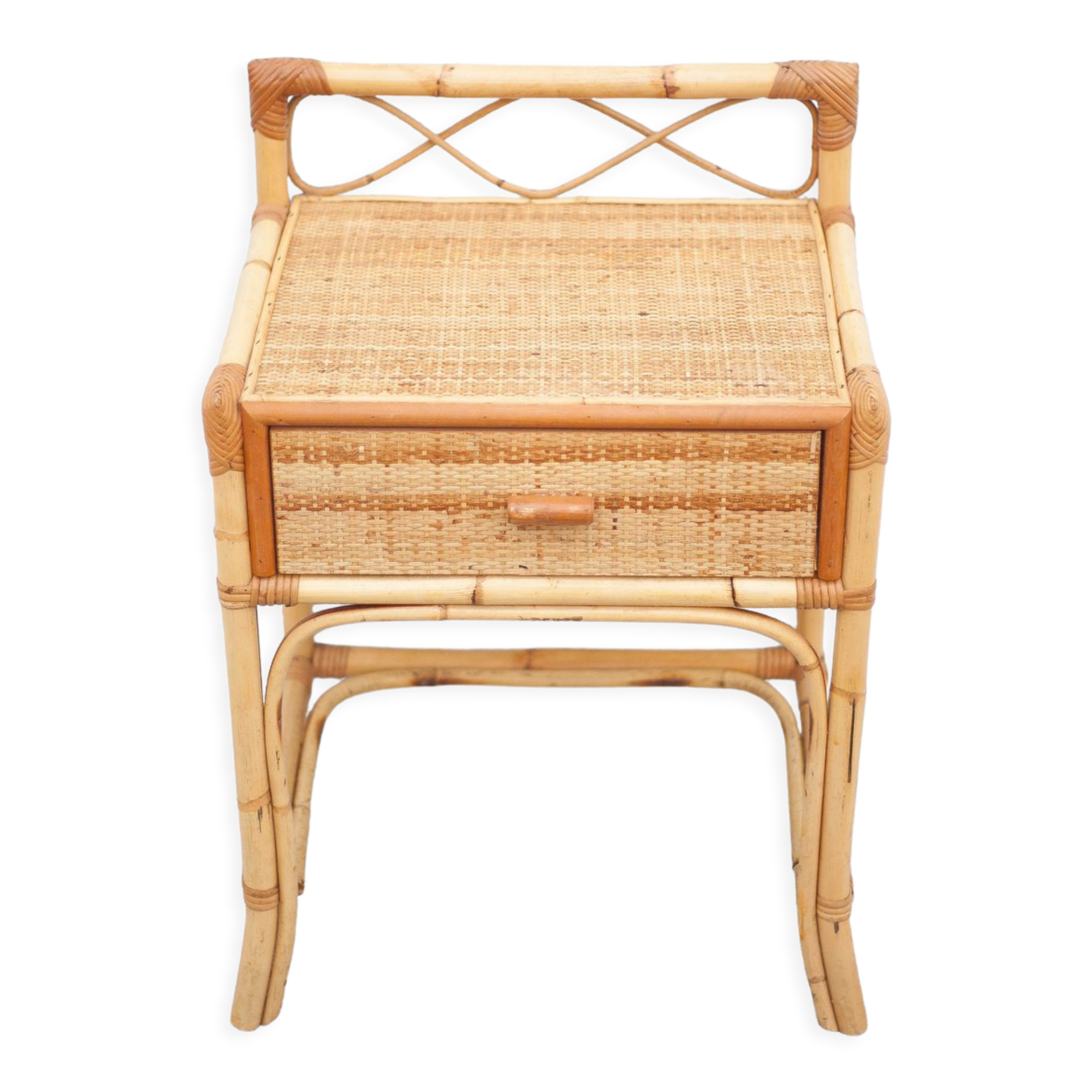 Rattan bedside table, wicker nightstand, end of sofa, interior decoration
