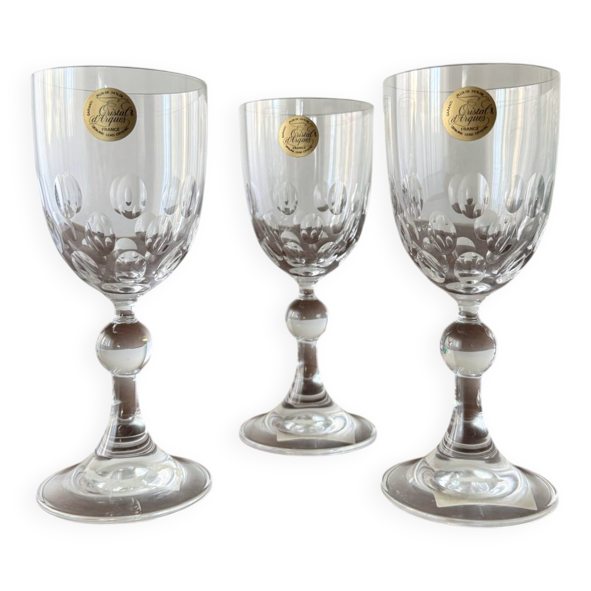 Set of 3 Vintage Cristal d'Arques French Lead Crystal Wine Glasses
