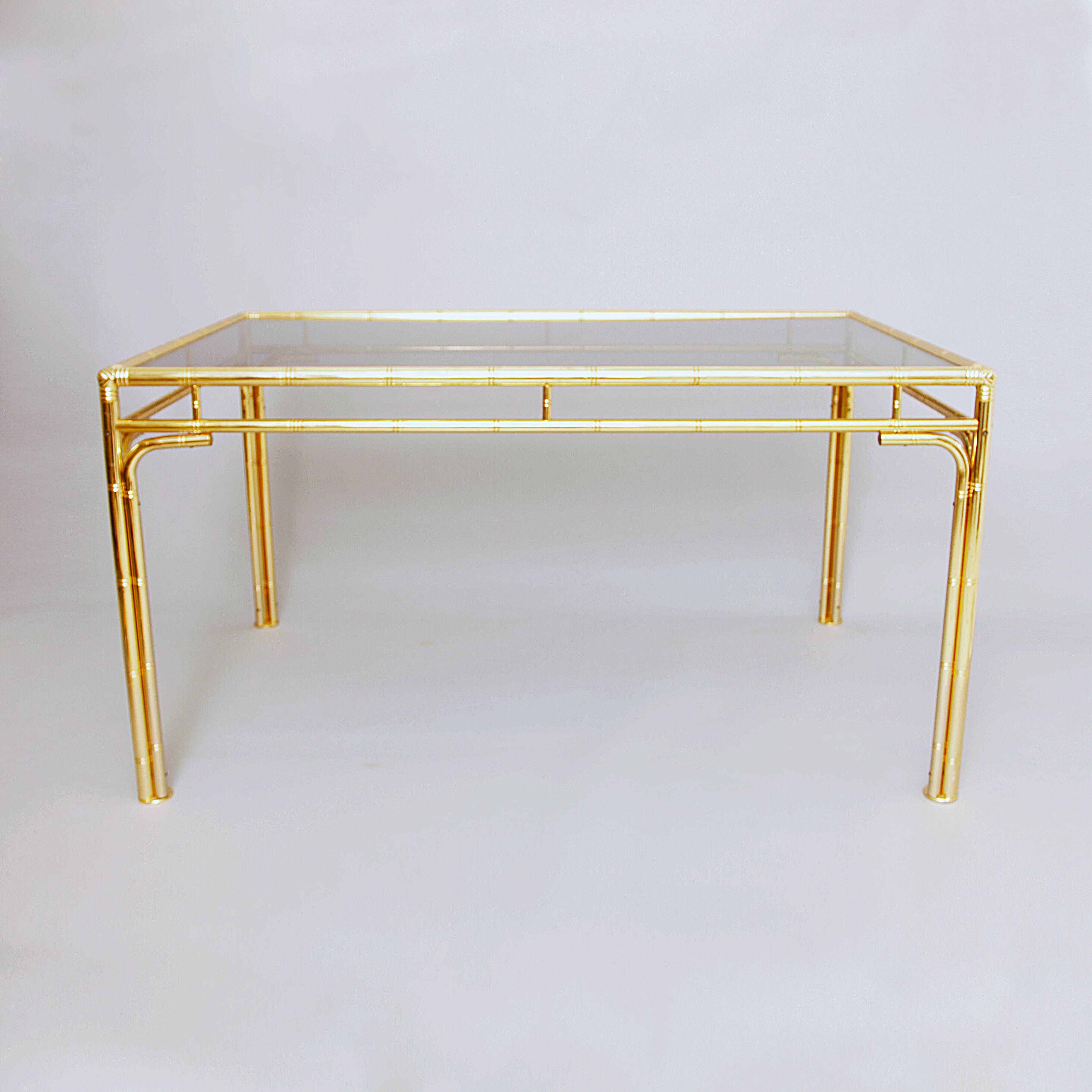Brass Faux Bamboo Dining Table 1970s Hollywood Regency Glass Gold