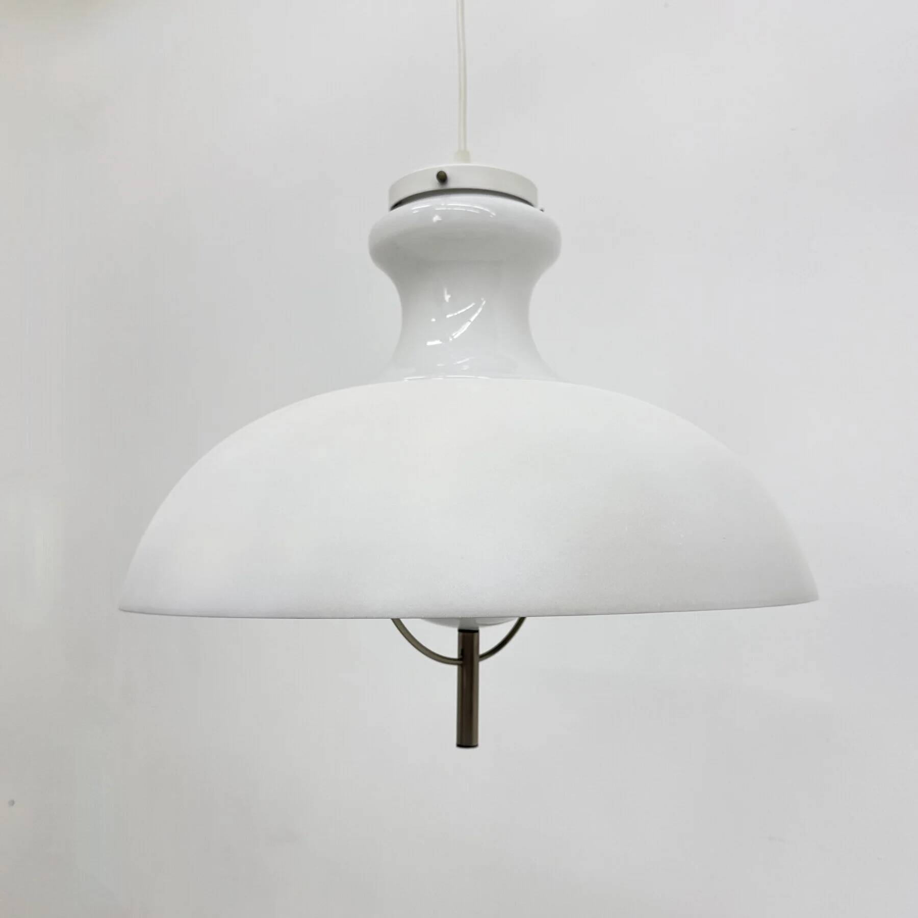 Vintage glass hanging lamp with metal shade minimalist design, 1970s