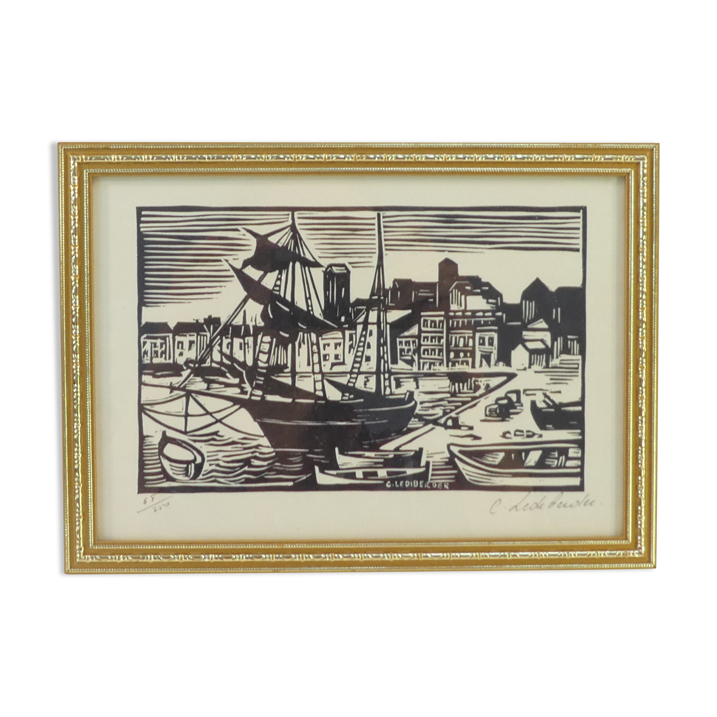 Lithograph print signed c. lediberder boat in port 68/250
