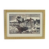 Lithograph print signed c. lediberder boat in port 68/250