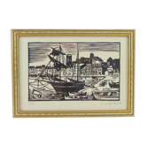 Lithographie estampe signé c. lediberder bateau au port 68/250
