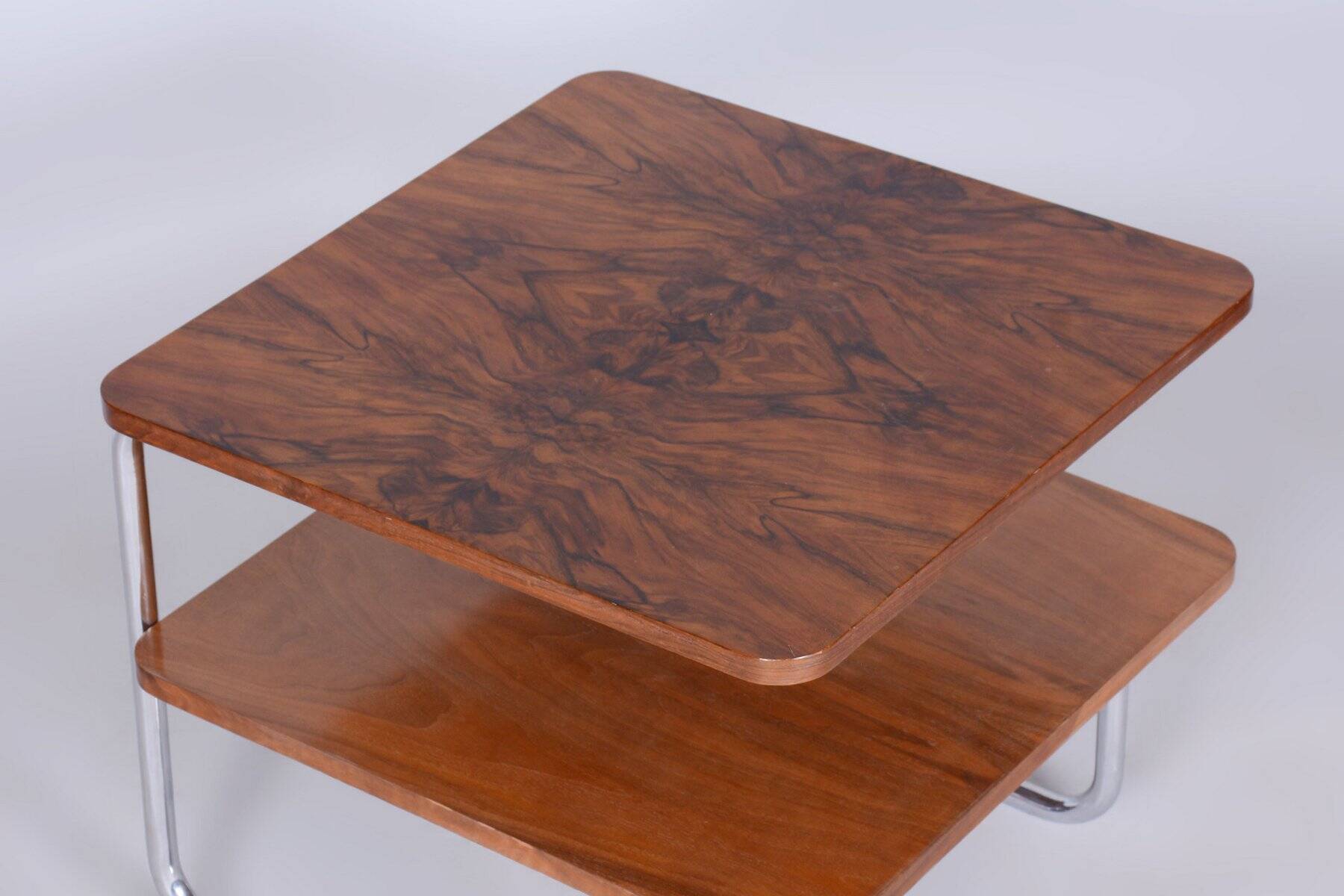 Bauhaus Side Table in Caucasian Walnut and Chrome-Plated Steel, 1930s