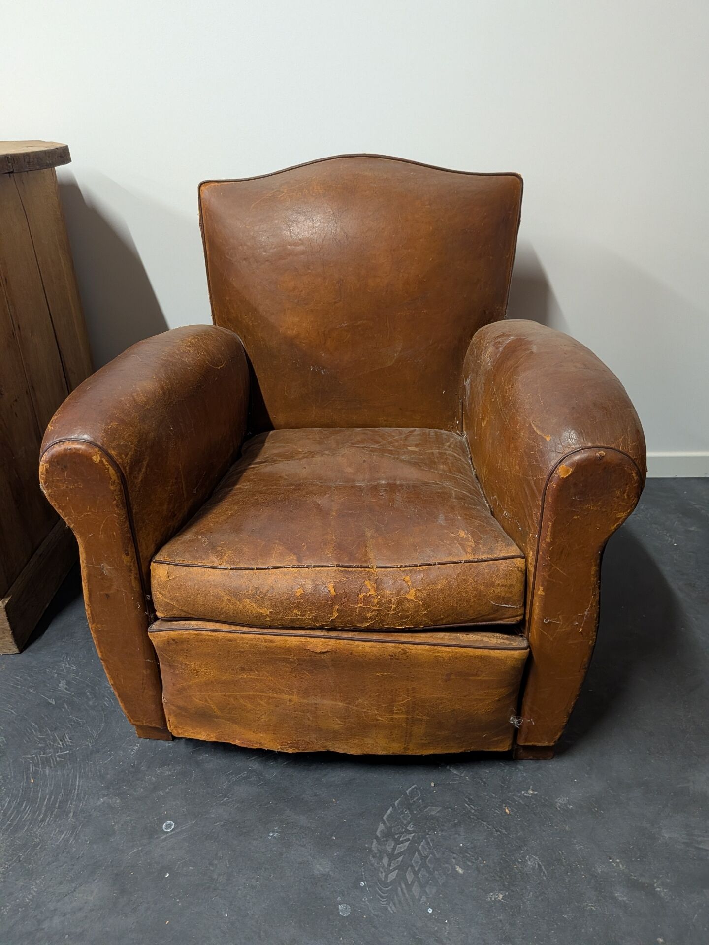 Pair of moustache club armchairs in leather, France, 1930s — to be restored.