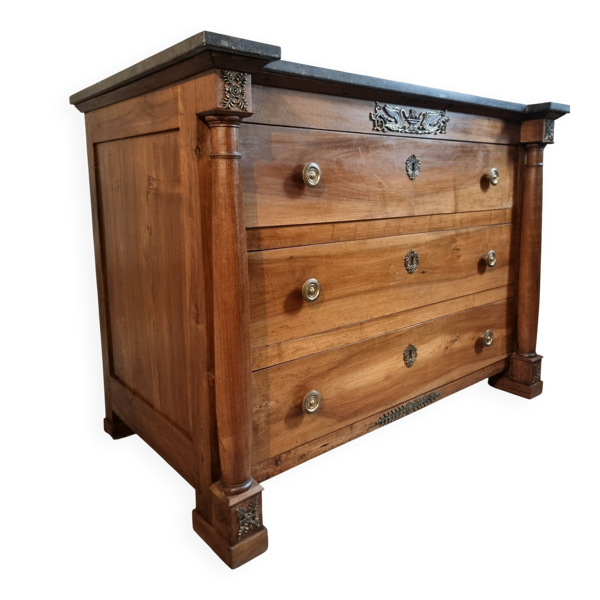 Commode ancienne, noyer et chêne, plateau en marbre, 3 tiroirs, France vers 1820–1850