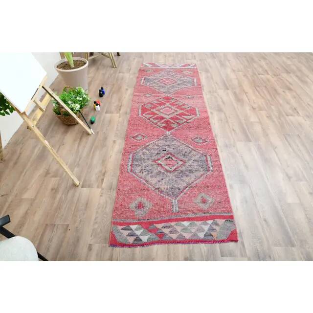 1970s Turkish Oushak Handmade Wool Cotton Pink Area Rug 86x276