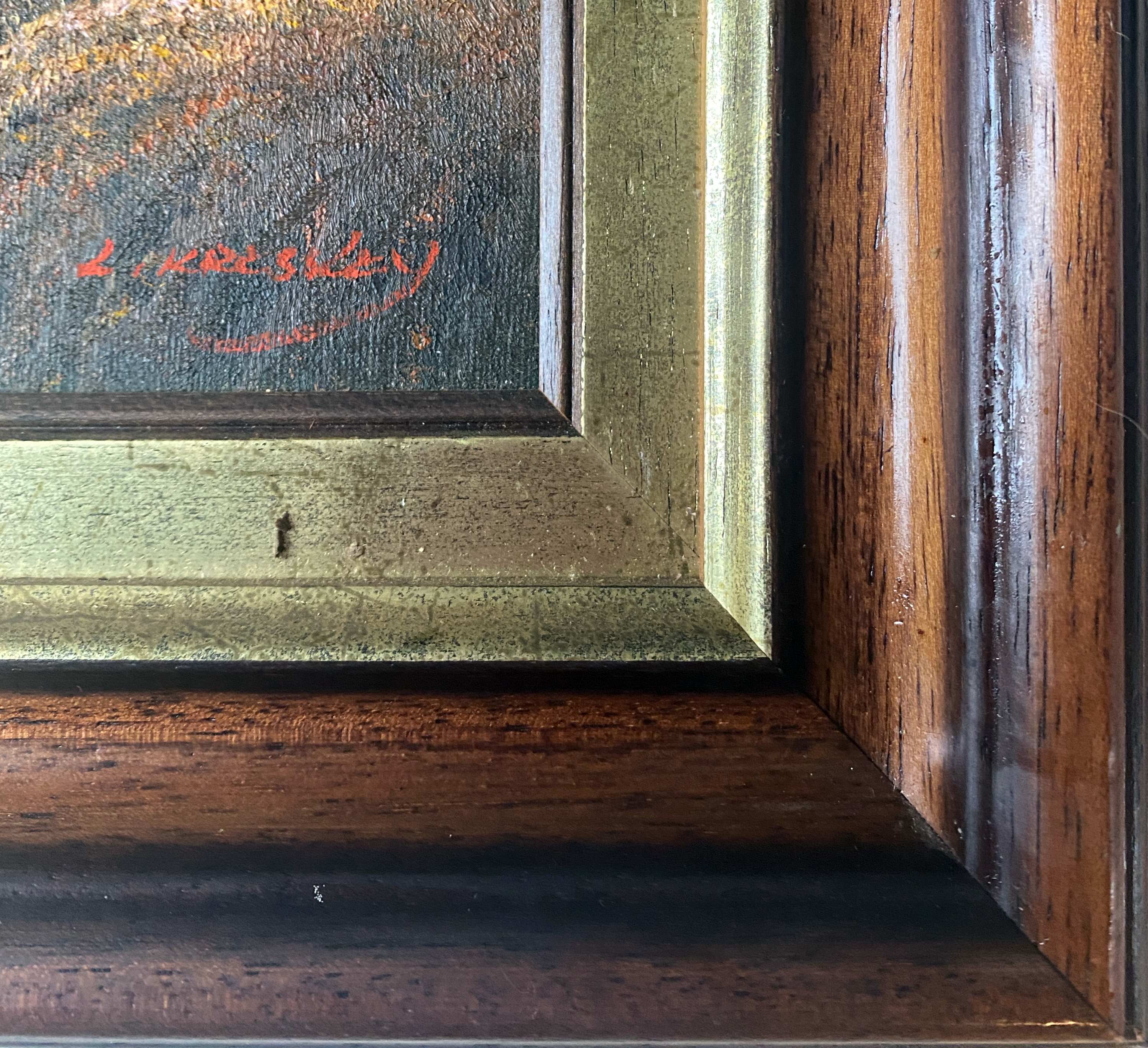 Table HST "animated pastoral landscape" HST signed (to be deciphered) + frame