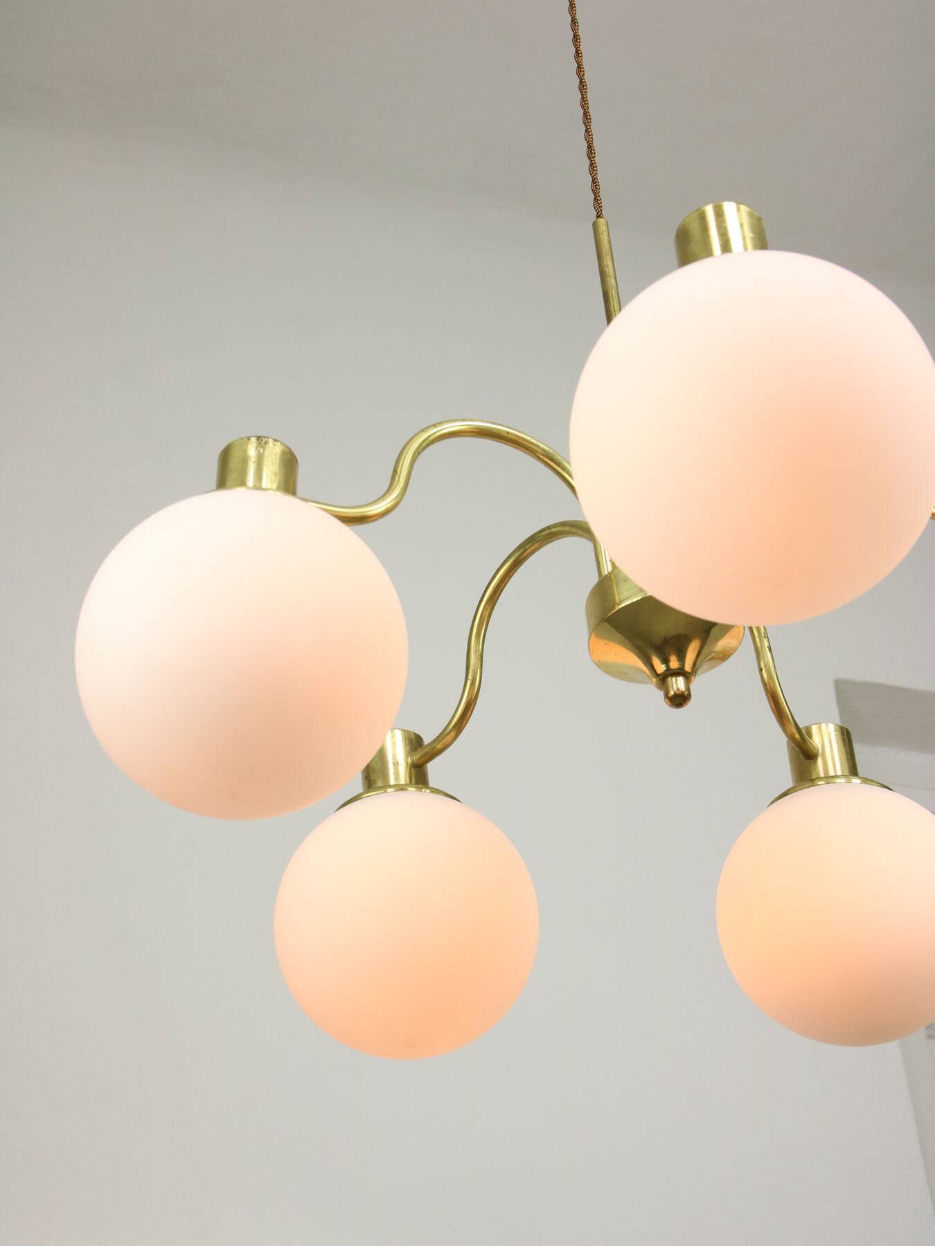 Italian Mid century Modern Chandelier in Brass and Opaline Glass, 1960s