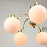 Italian Mid century Modern Chandelier in Brass and Opaline Glass, 1960s
