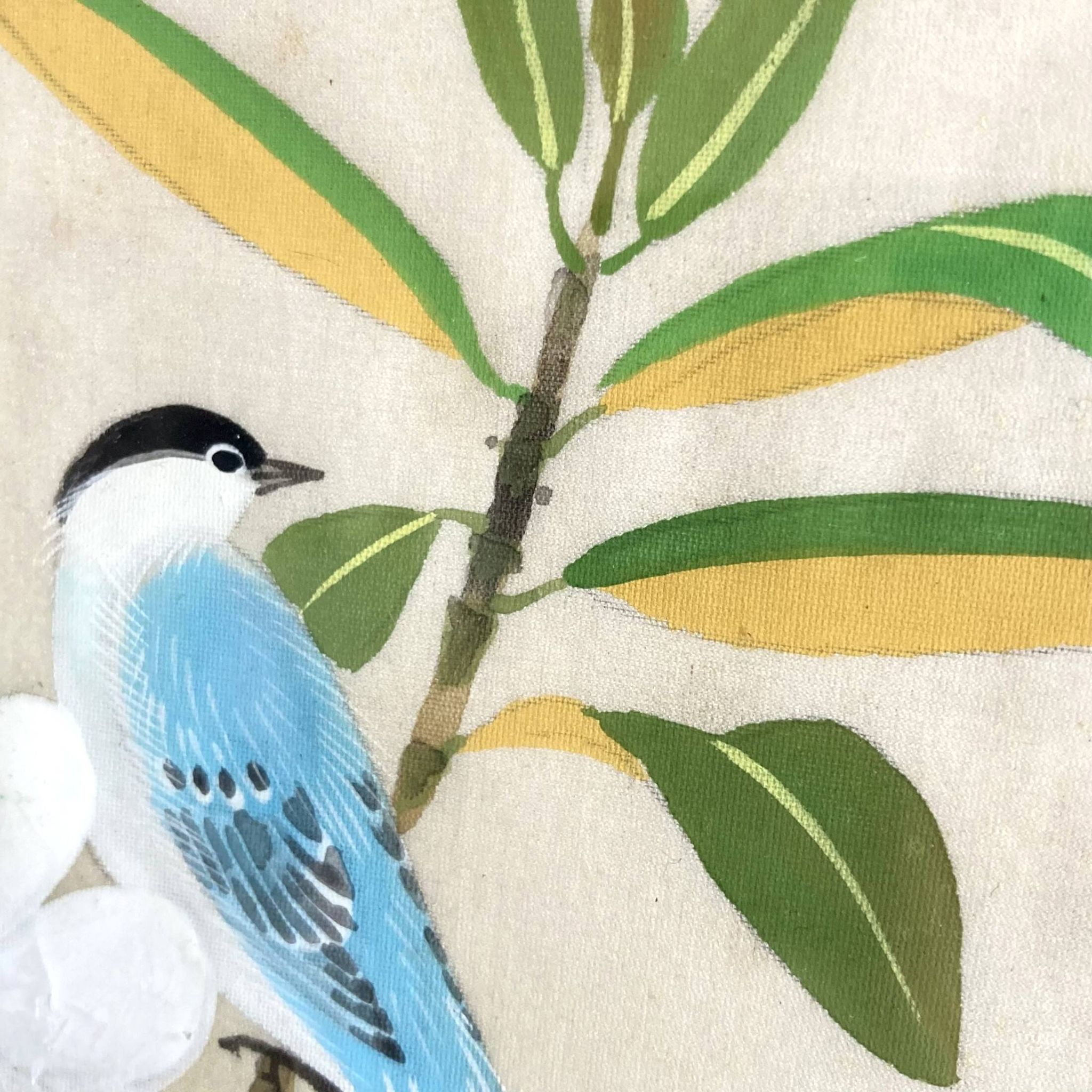 Small Japanese painting blue bird and flower vintage old watercolor