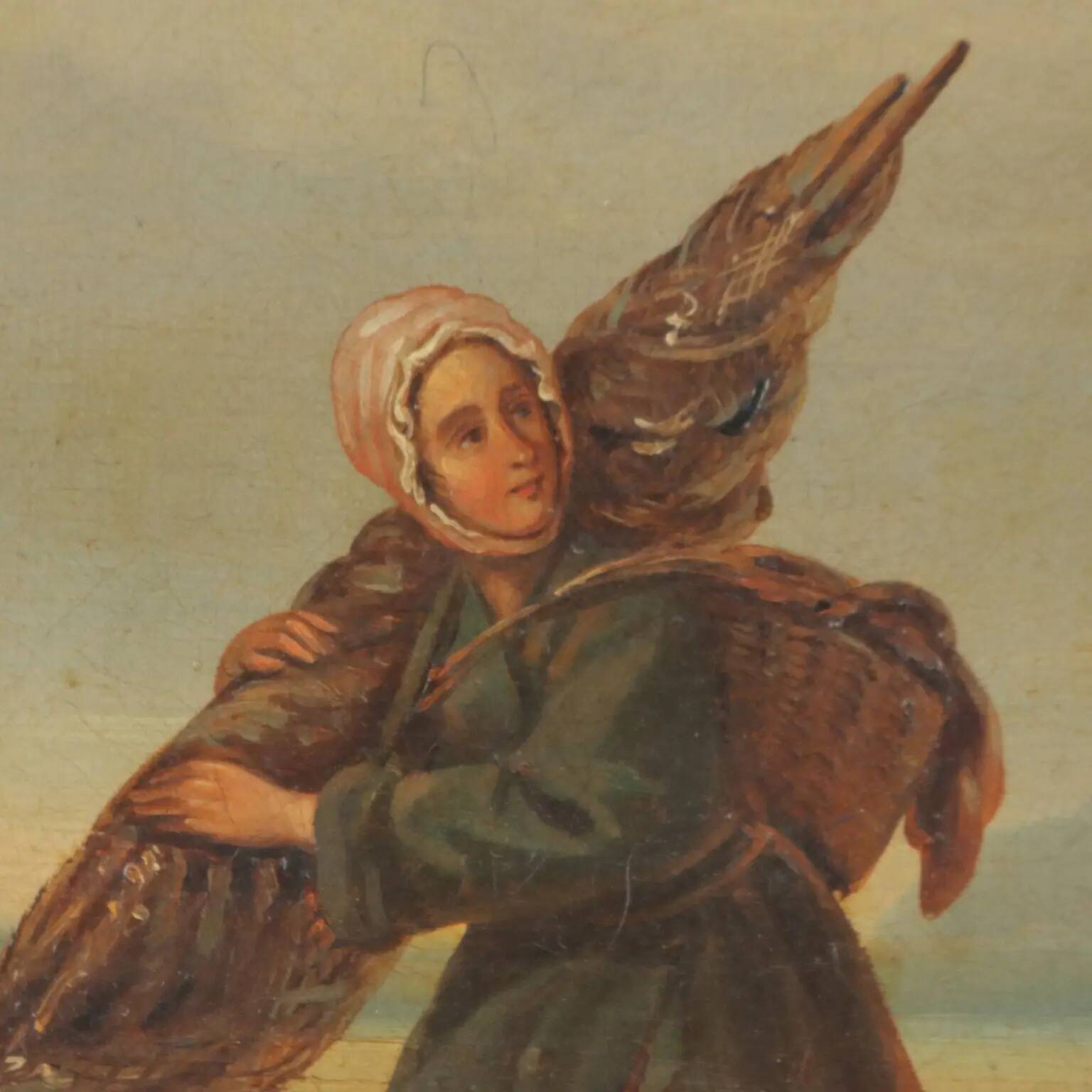 The sale of fresh fish, old oil painting on canvas, 19th century.
