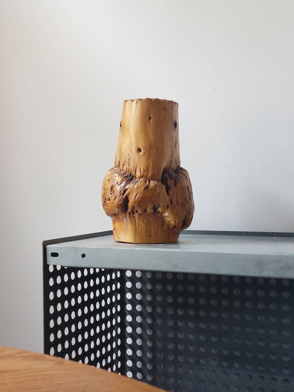 Vintage brutalist hand-carved burl wood vase