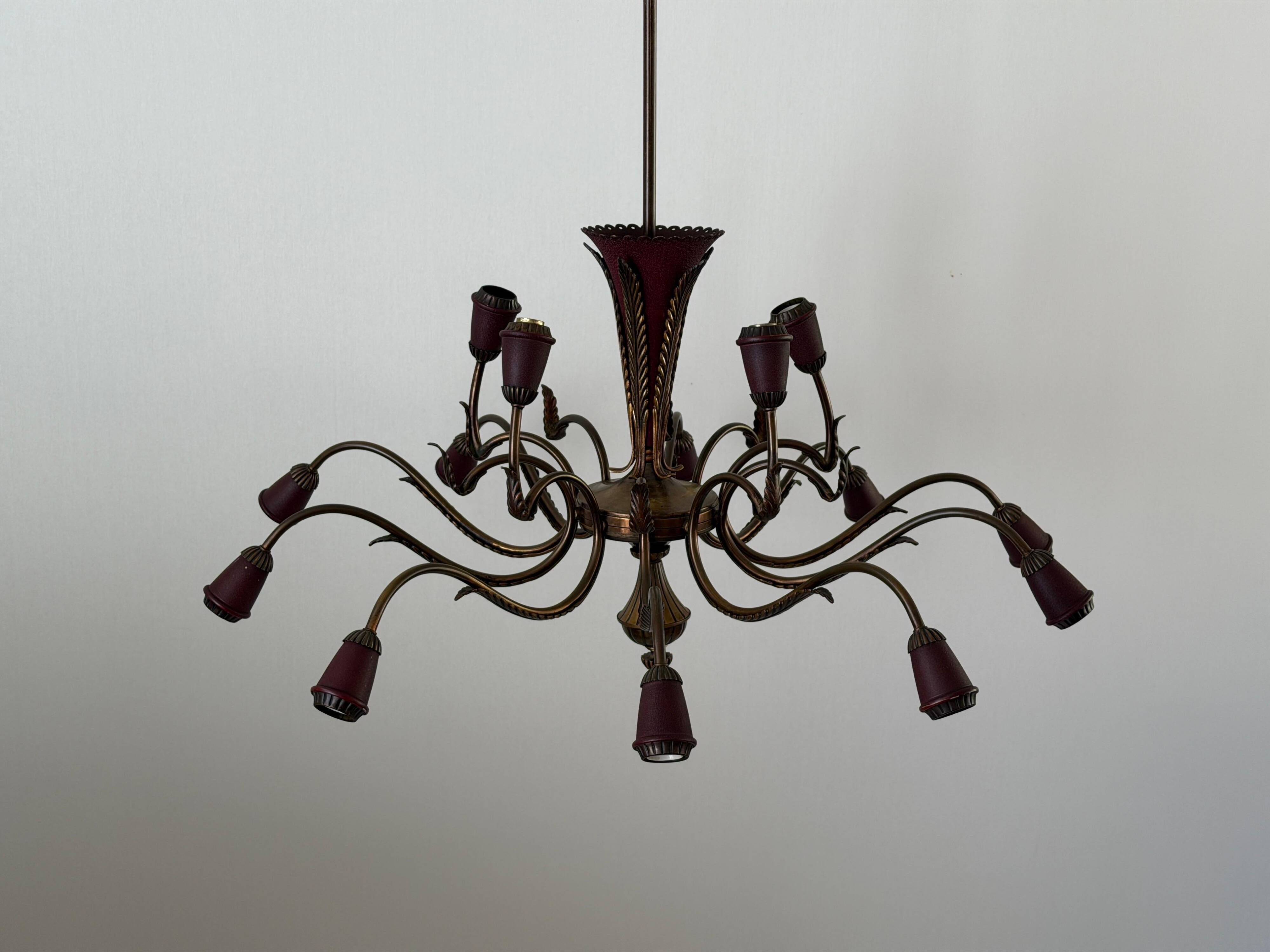 Large Burgundy brass chandelier with 15 arms, 1950, Italy