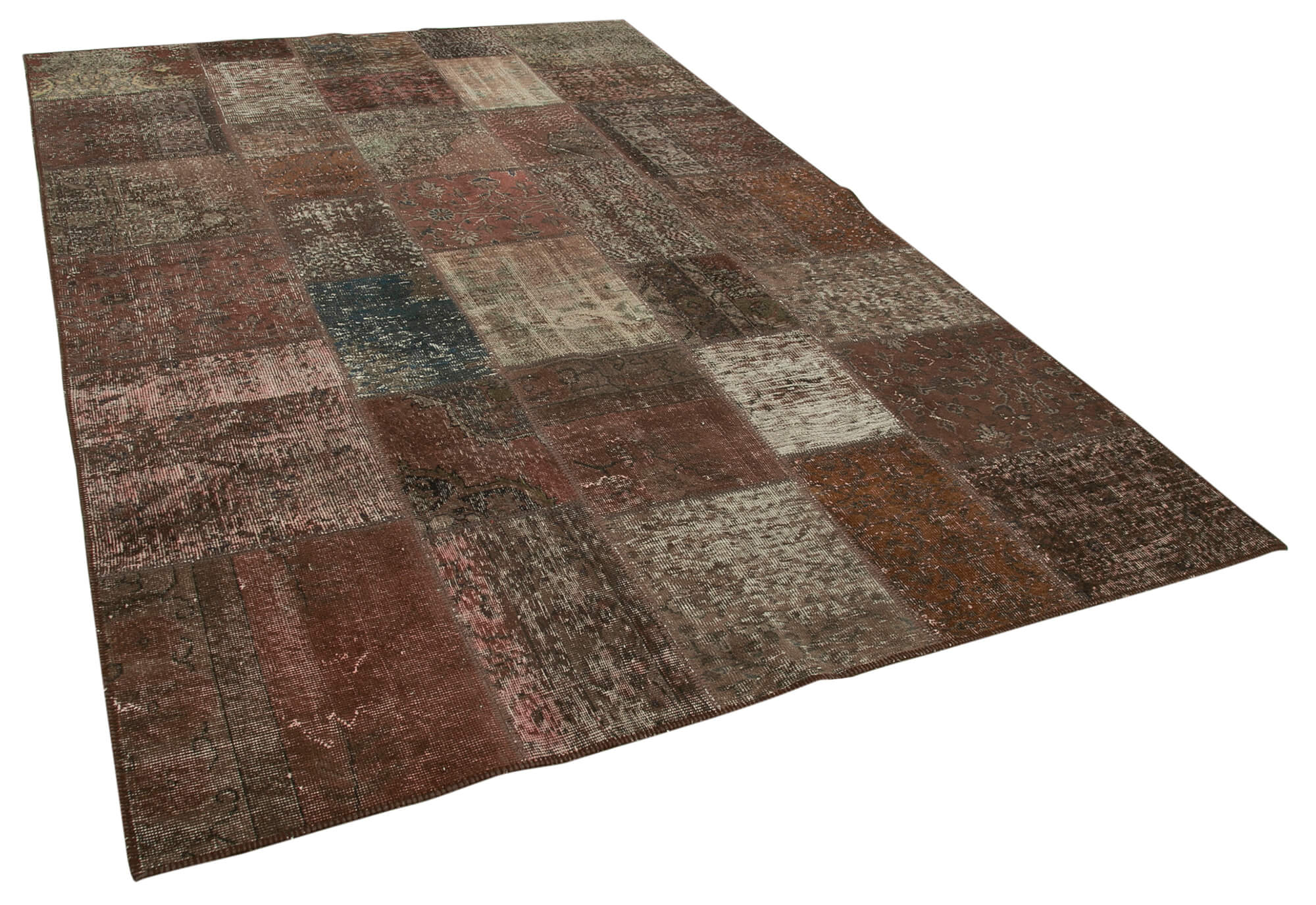 Handwoven oriental overdyed 202 cm x 298 cm brown patchwork carpet