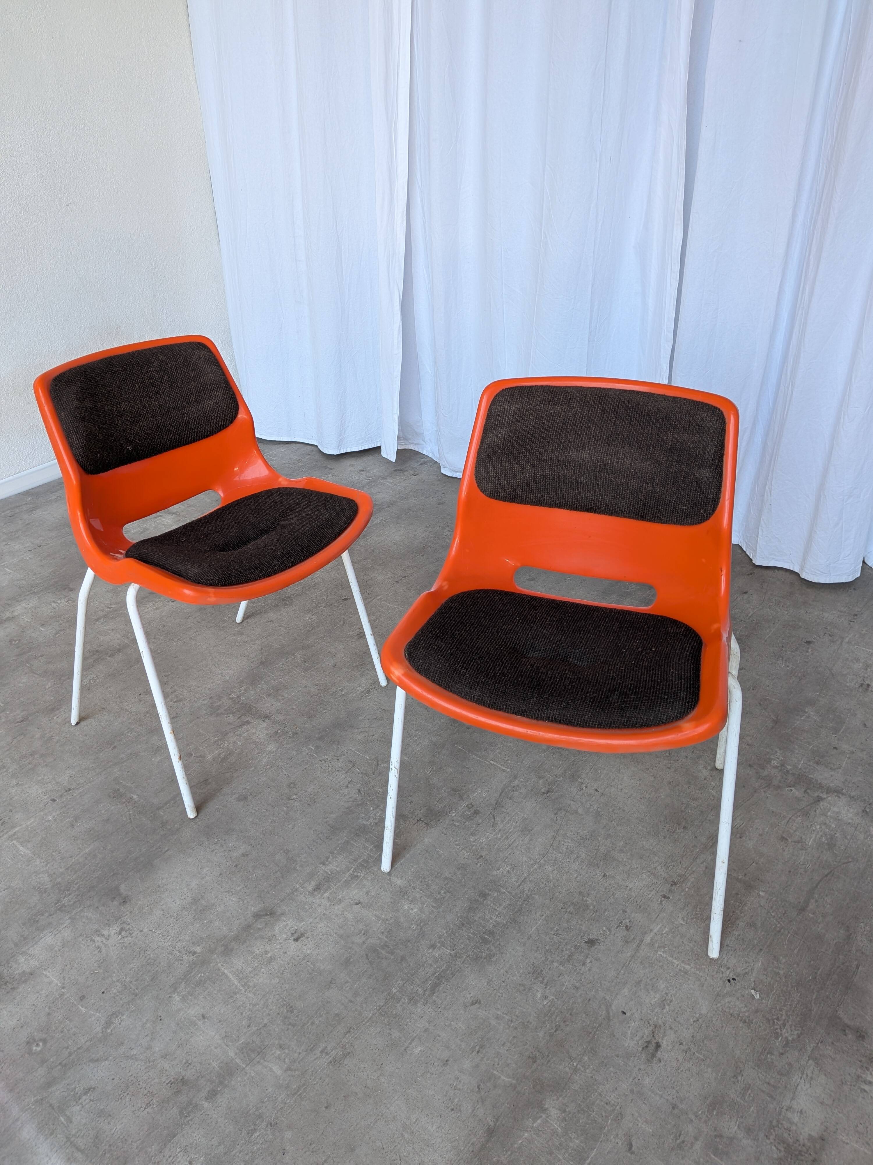 Vintage Overman Meblo Chairs: Orange & Brown Fabric, Stackable - Set of 2