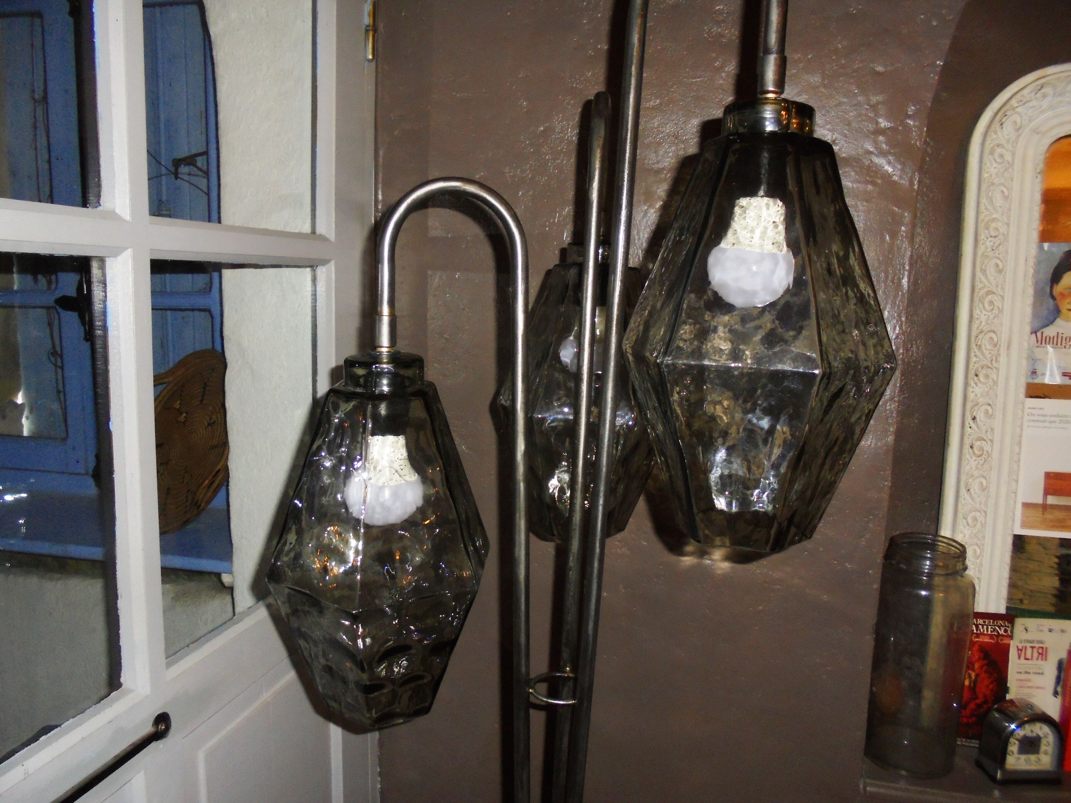 Large tripod steel lamppost and blown glass 1970