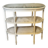 Oval console in Louis XVI style, painted wood, cane work, and glass top.
