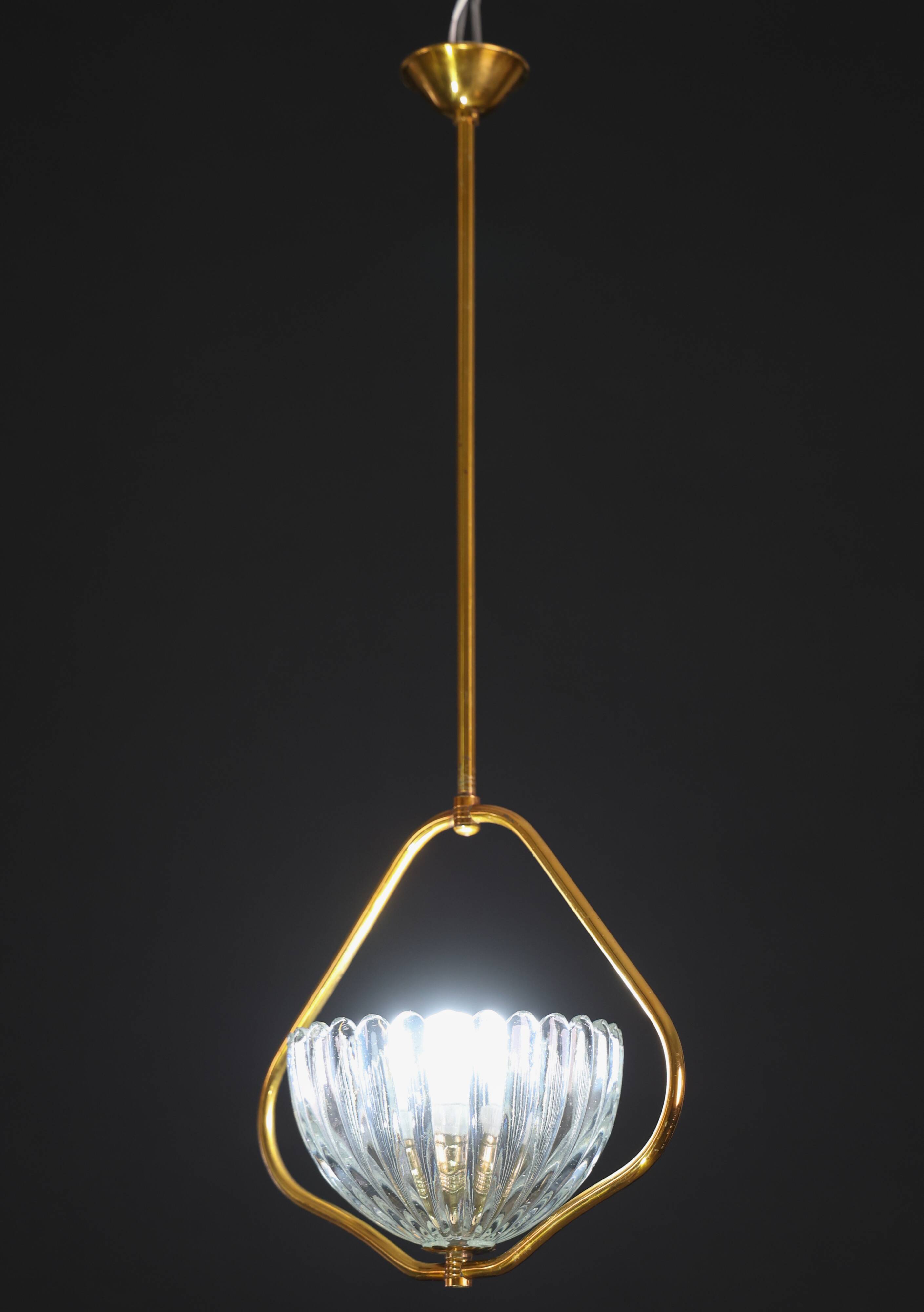 Art Decò Barovier e Toso Murano Glass and Brass Pendant Light, 1950