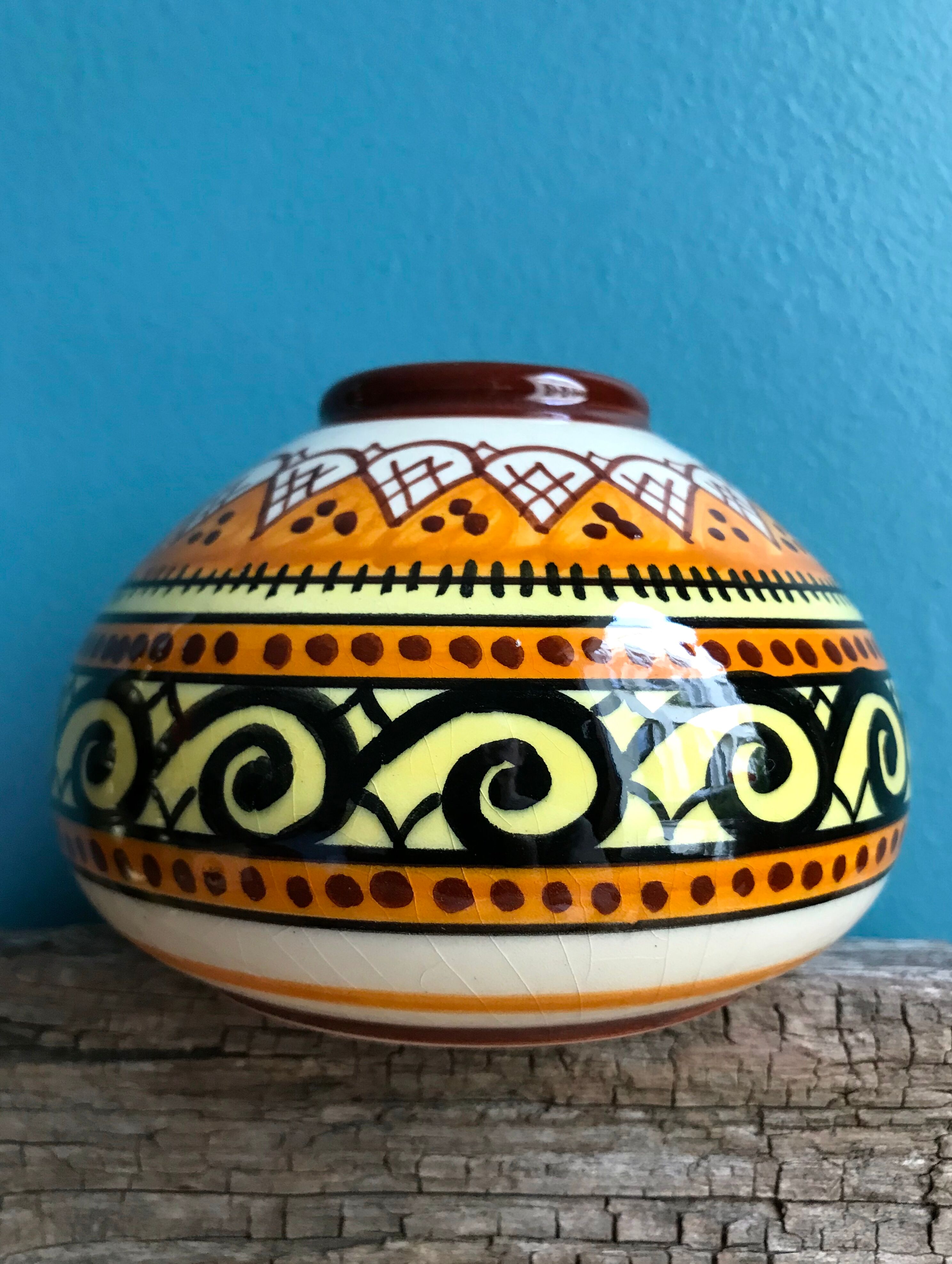 Quimper Henriot spinning top ball vase vintage soliflore art deco 1930 1940 celtic patterns orange black