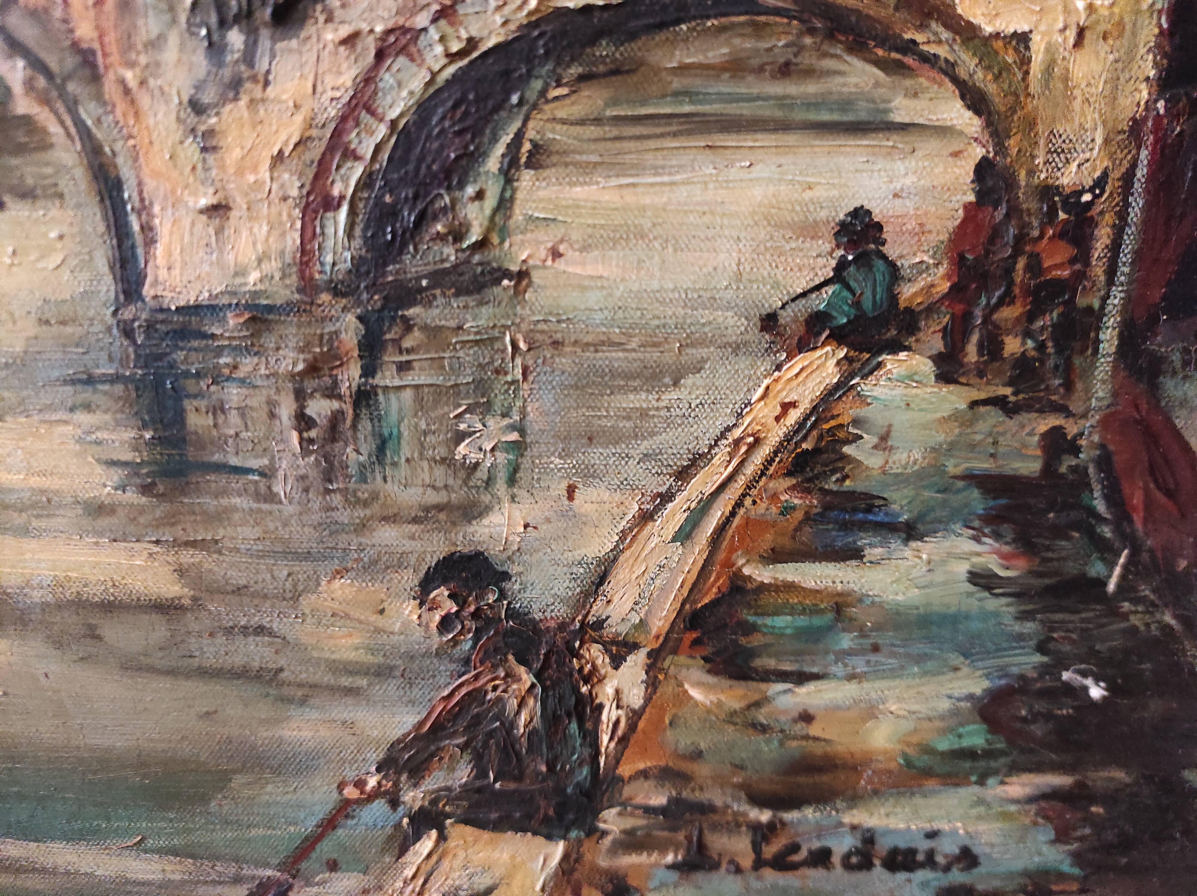 Vintage French oil painting on canvas of Paris, signed Lendais