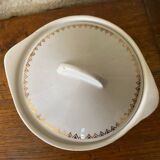 Sugar bowl or candy dish in white earthenware with yellow and gold frieze decoration