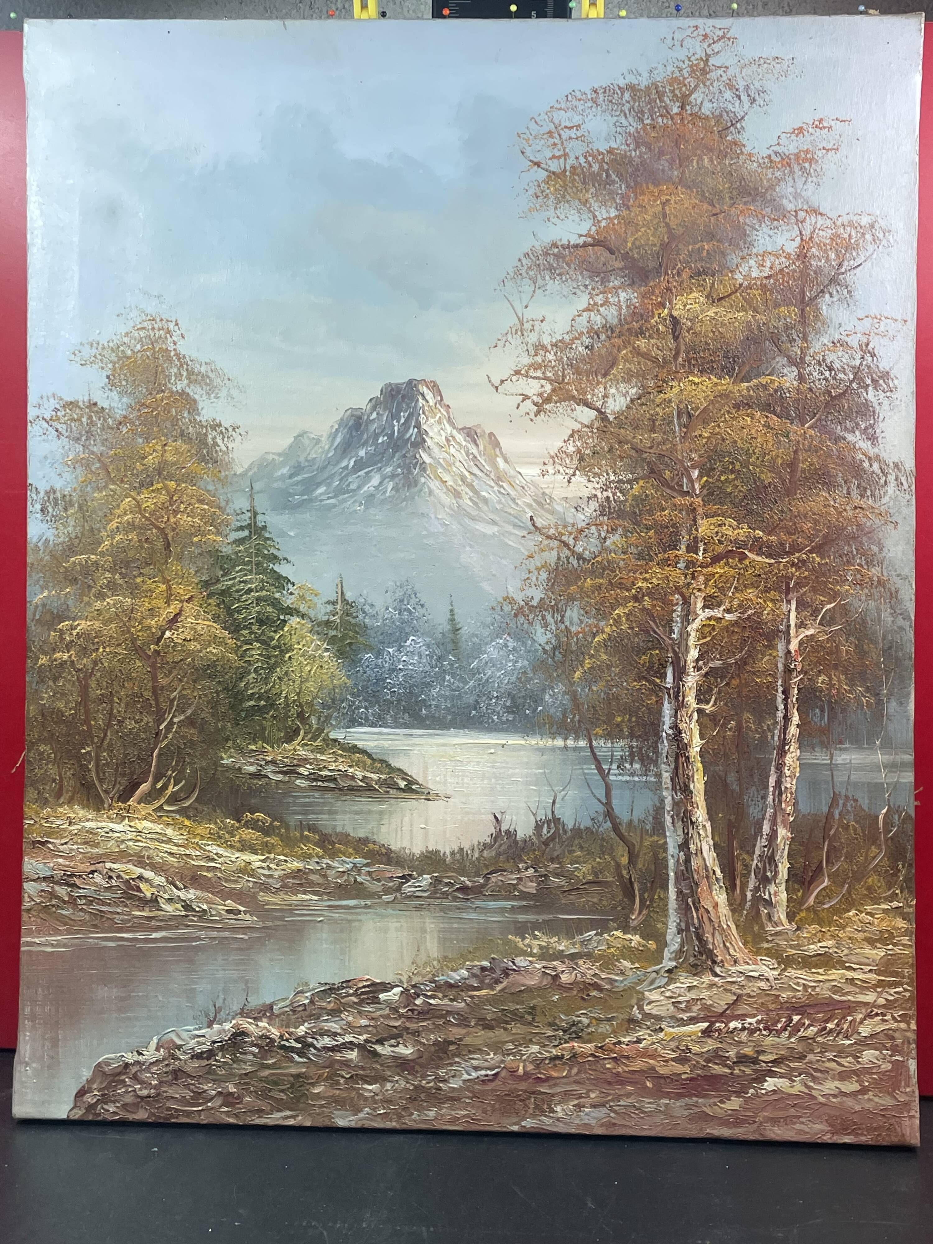Oil on canvas, autumn lake landscape mountain lake