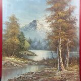 Oil on canvas, autumn lake landscape mountain lake