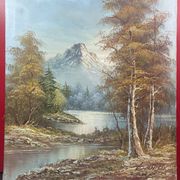Oil on canvas, autumn lake landscape mountain lake