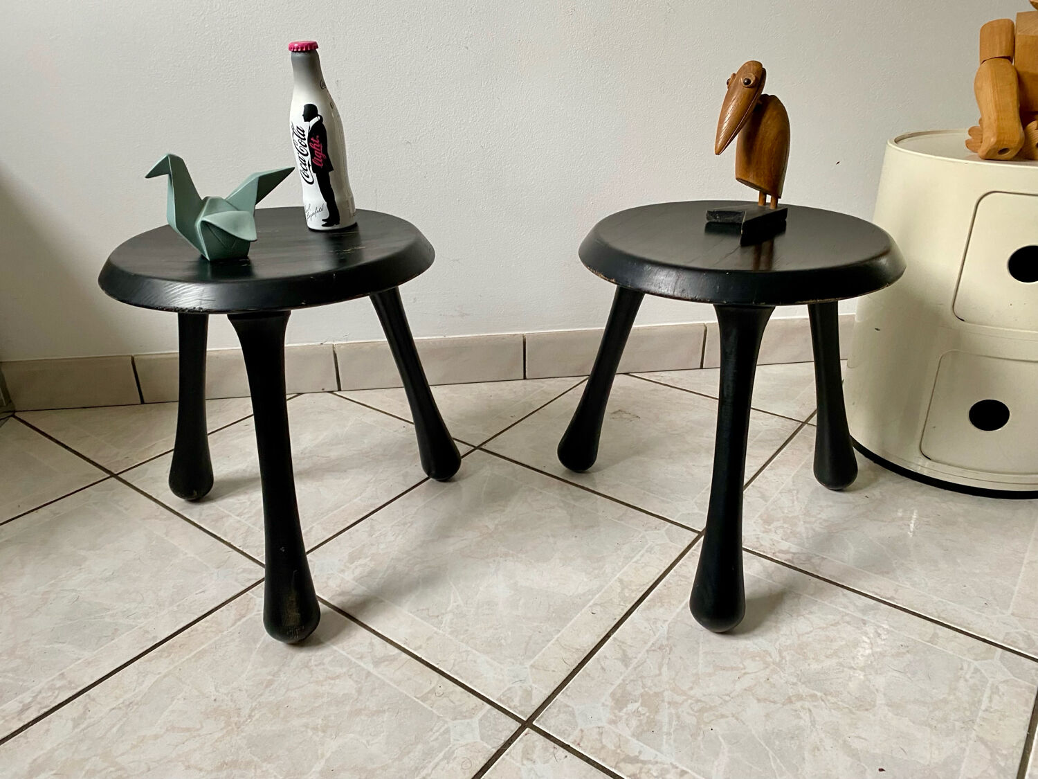 Pair of Ingvar Kamprad design tripod low stools, Habitat edition