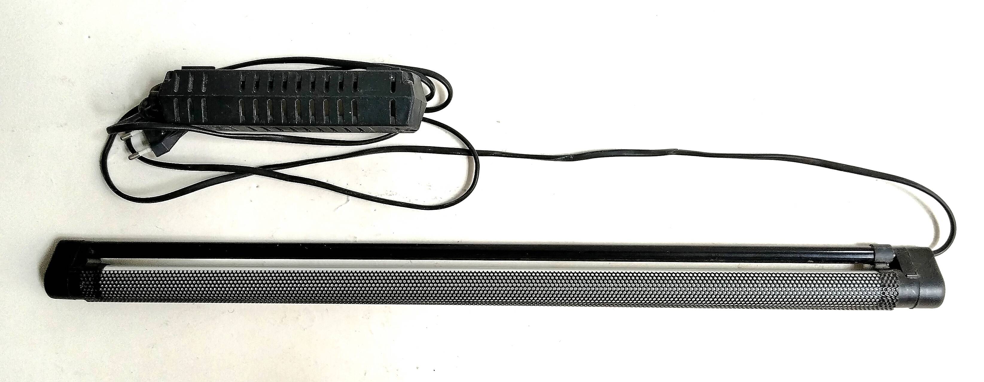 Black lacquered perforated metal table lamp with neon lighting - vintage from the 80s / 90s