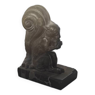 Bronze squirrel bookend sculpture Suzanne BIZARD art deco marble base