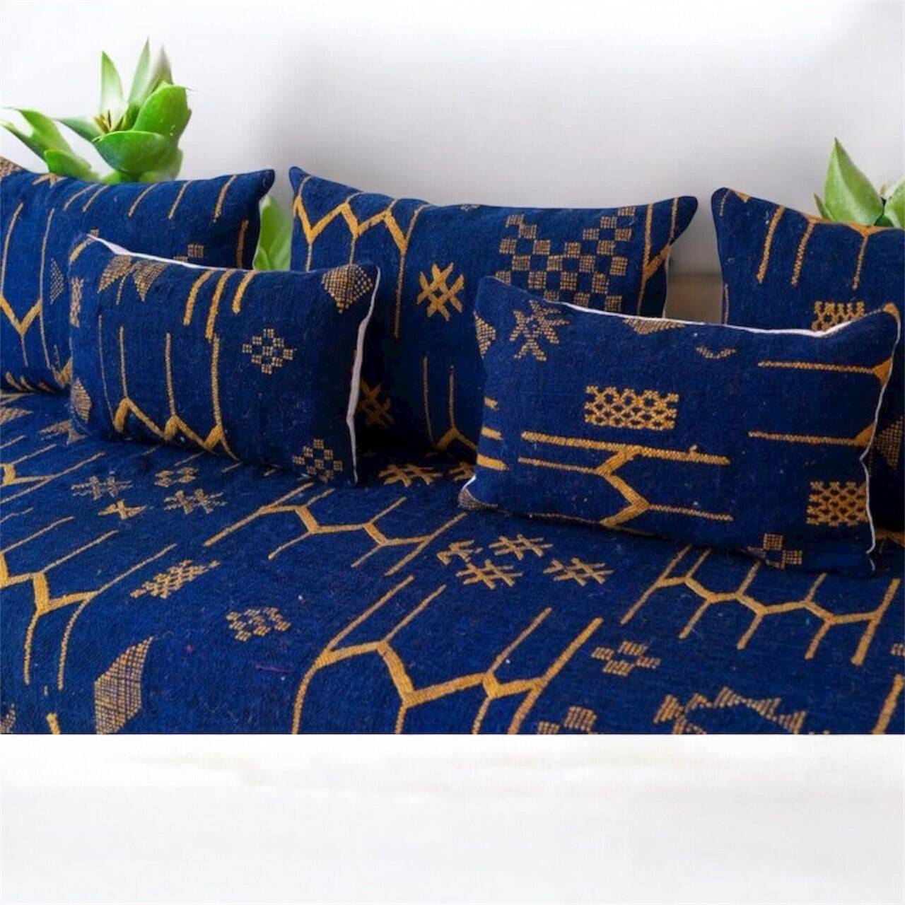 Handmade Moroccan Floor Sofa – Blue Hnibel with Golden Khormaz Patterns