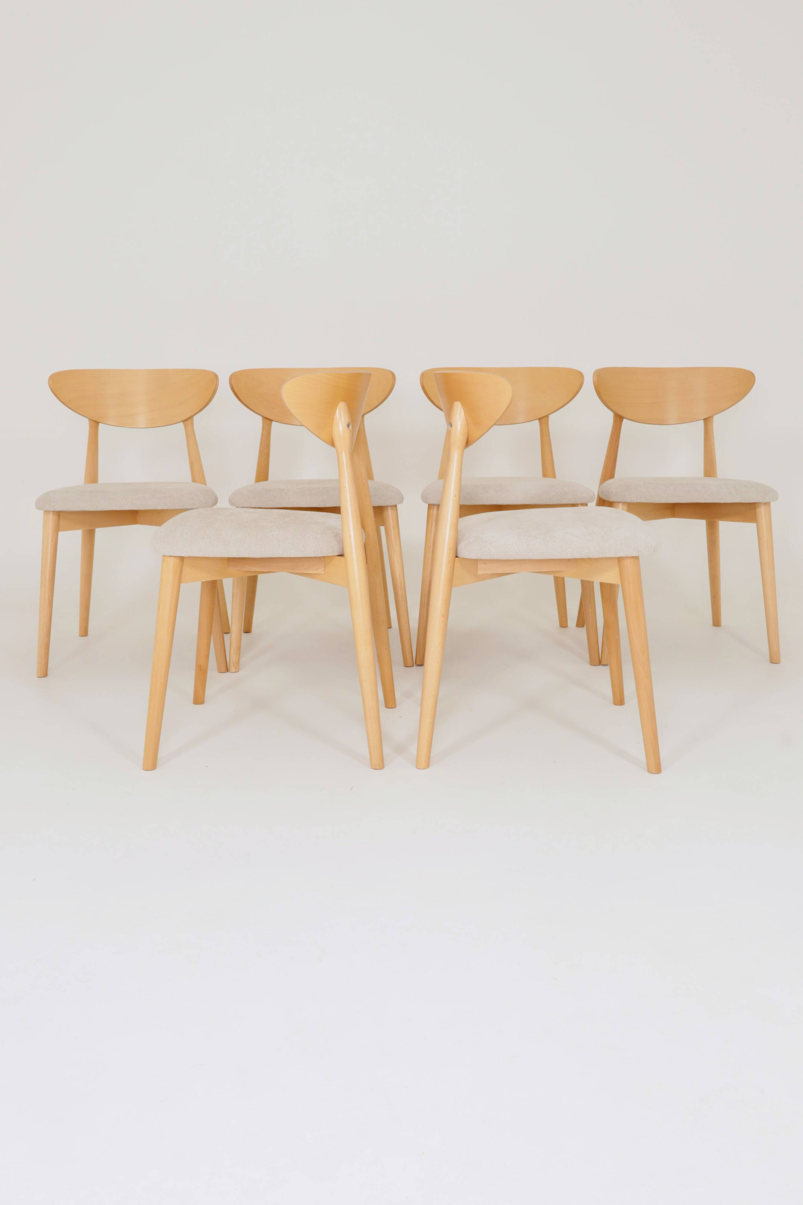 Ensemble moderne de 6 chaises de salle à manger, tissu écru et bois de hêtre naturel