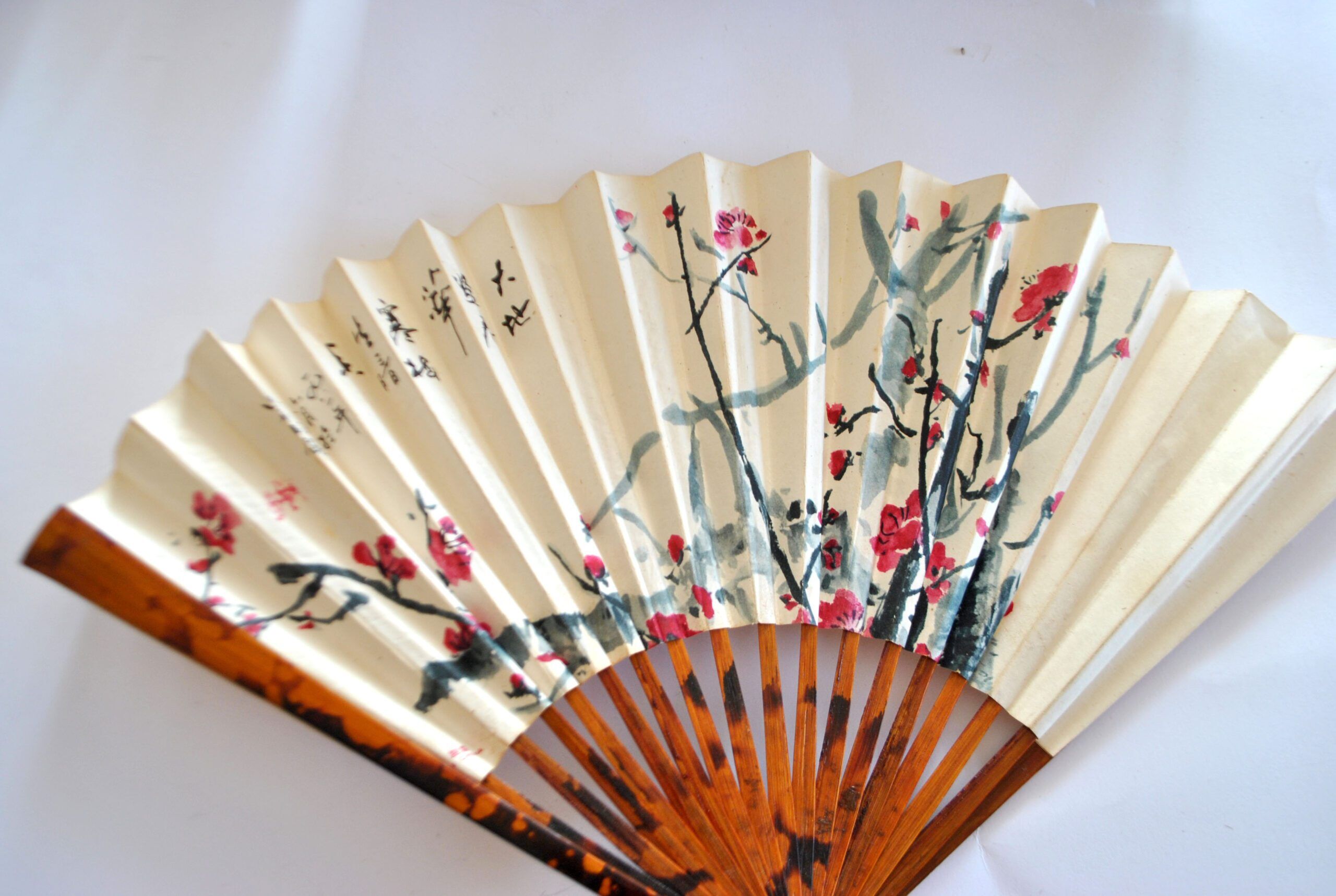 Vintage bamboo fan with floral decoration from China.